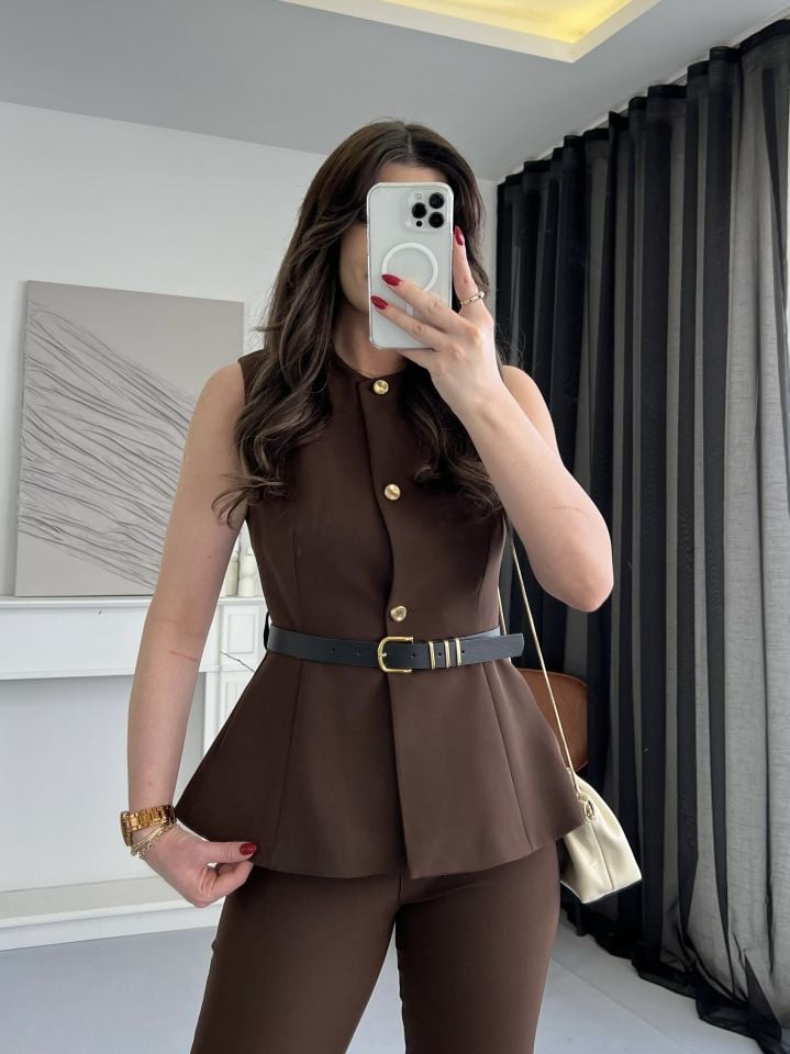 Kahve Gold Düğme Detay Yelek Pantolon Takım
