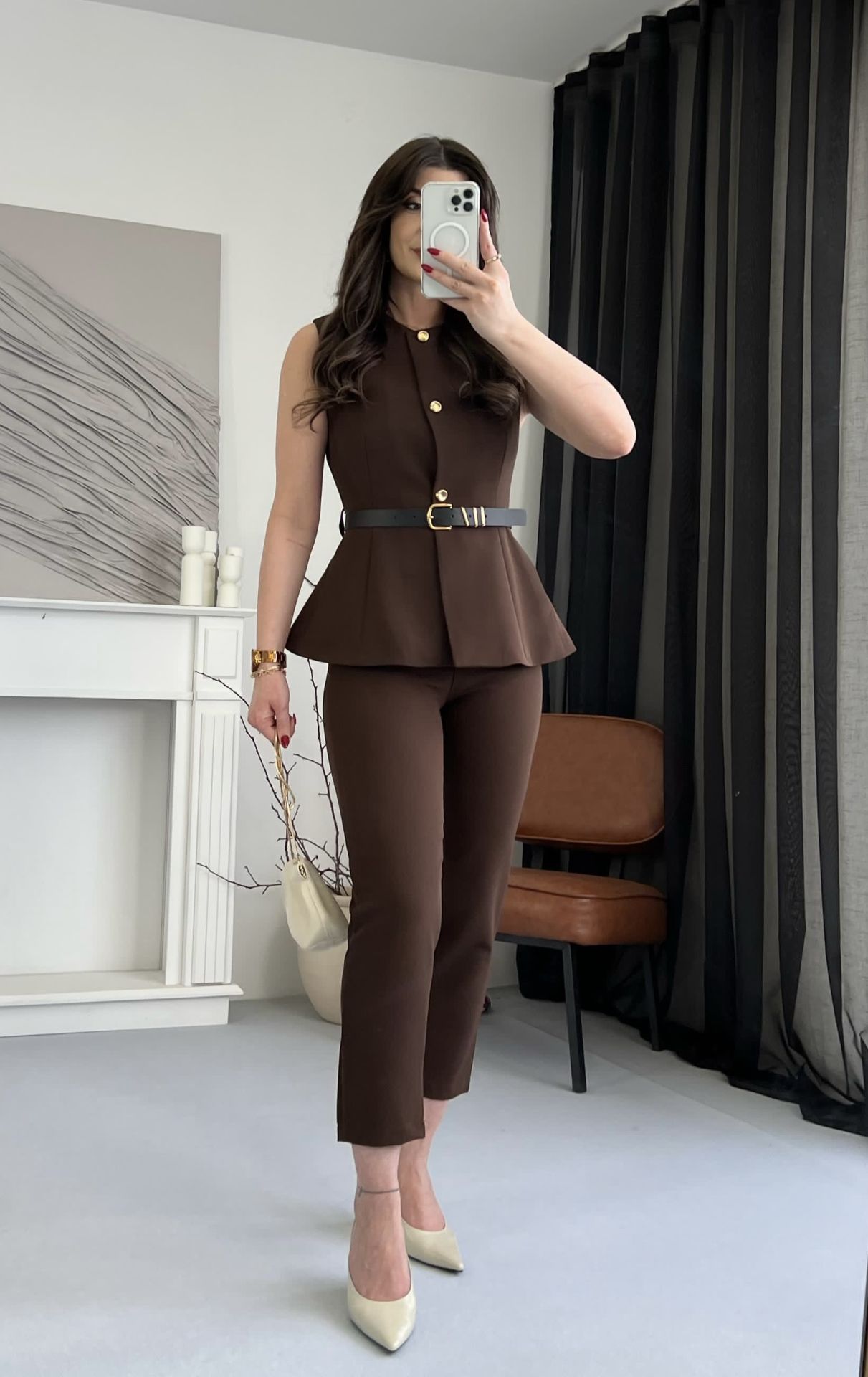 Kahve Gold Düğme Detay Yelek Pantolon Takım