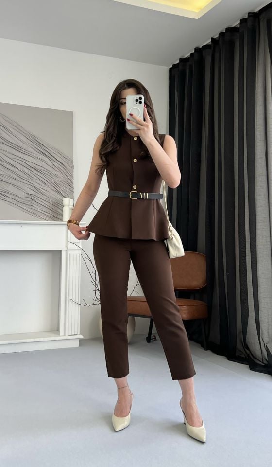 Kahve Gold Düğme Detay Yelek Pantolon Takım