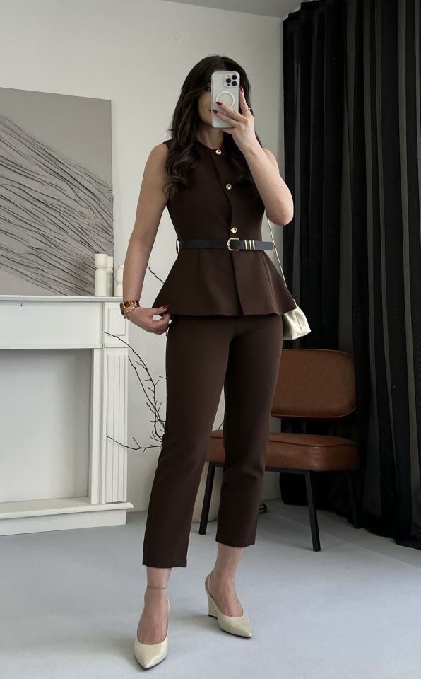 Kahve Gold Düğme Detay Yelek Pantolon Takım