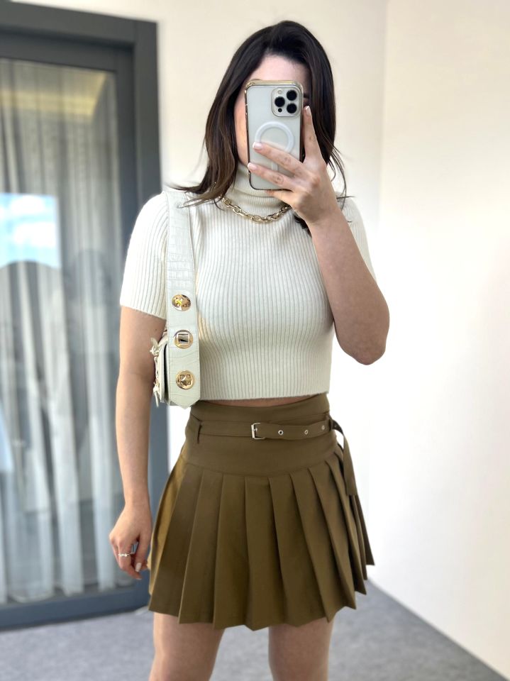 Ekru Tam Balıkçı Fitilli Crop Kazak