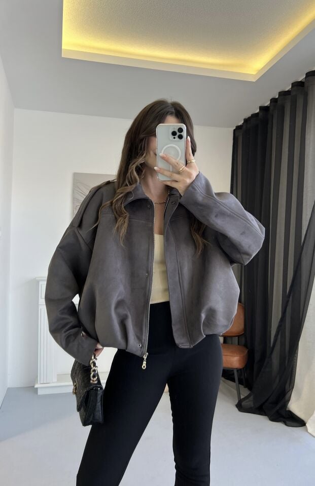 Nubuk Gri Bomber Ceket