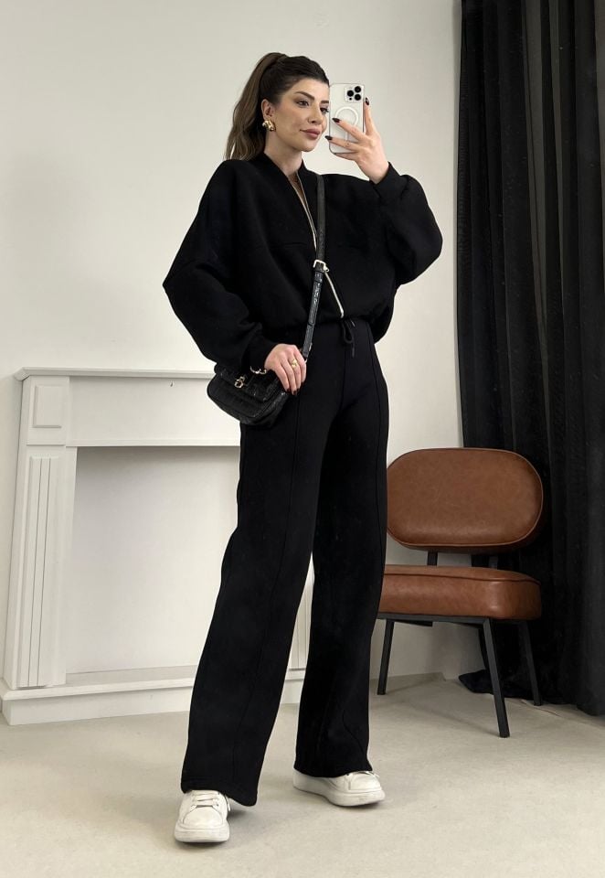 Siyah Dikiş Detaylı Pantolon Sweat Takım