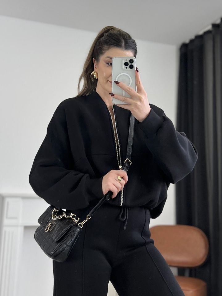 Siyah Dikiş Detaylı Pantolon Sweat Takım