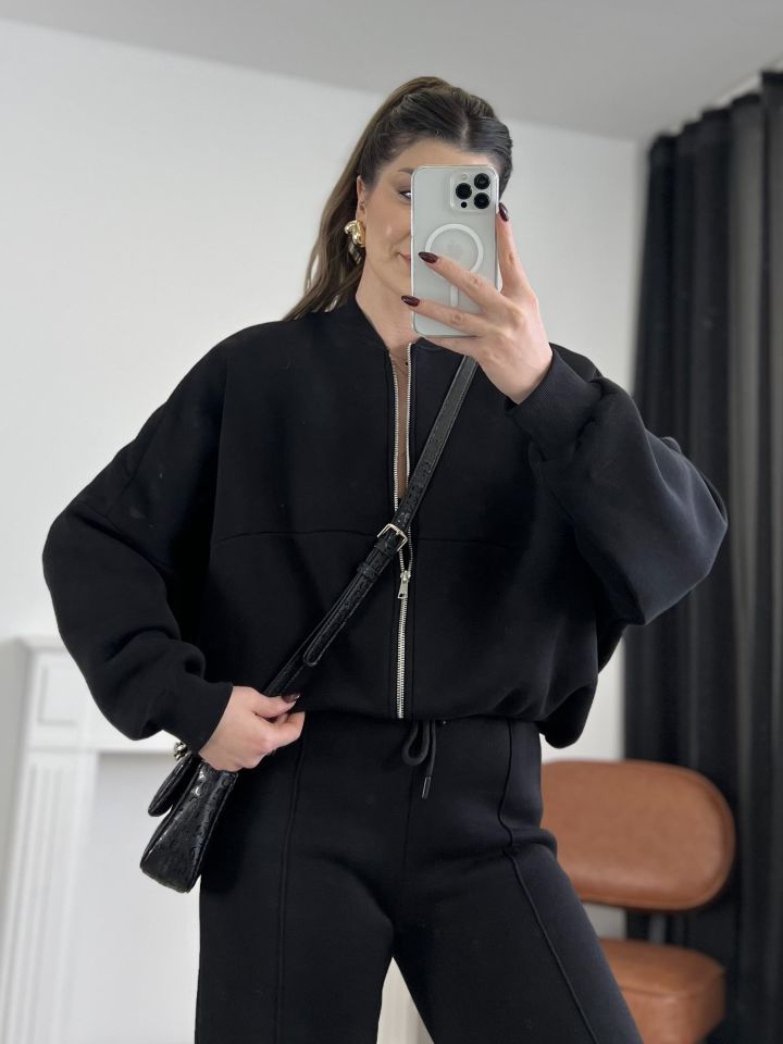 Siyah Dikiş Detaylı Pantolon Sweat Takım