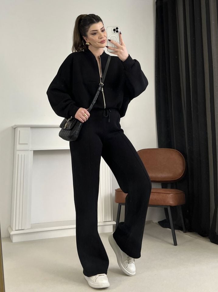Siyah Dikiş Detaylı Pantolon Sweat Takım