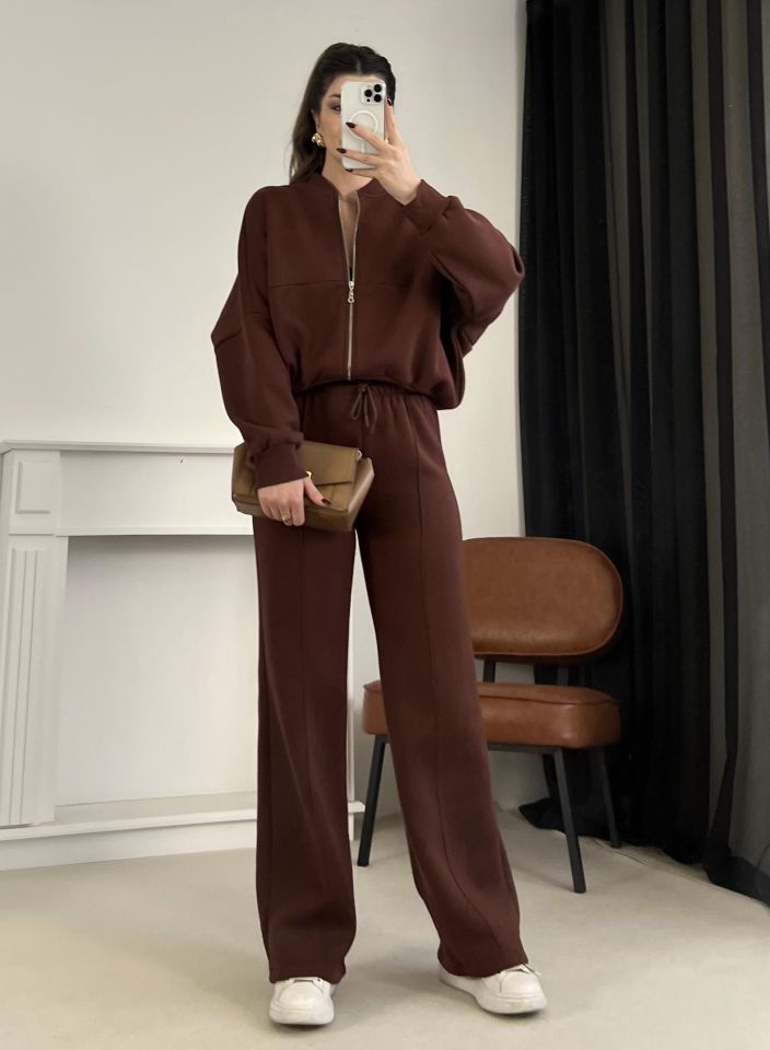 Kahverengi Dikiş Detaylı Pantolon Sweat Takım
