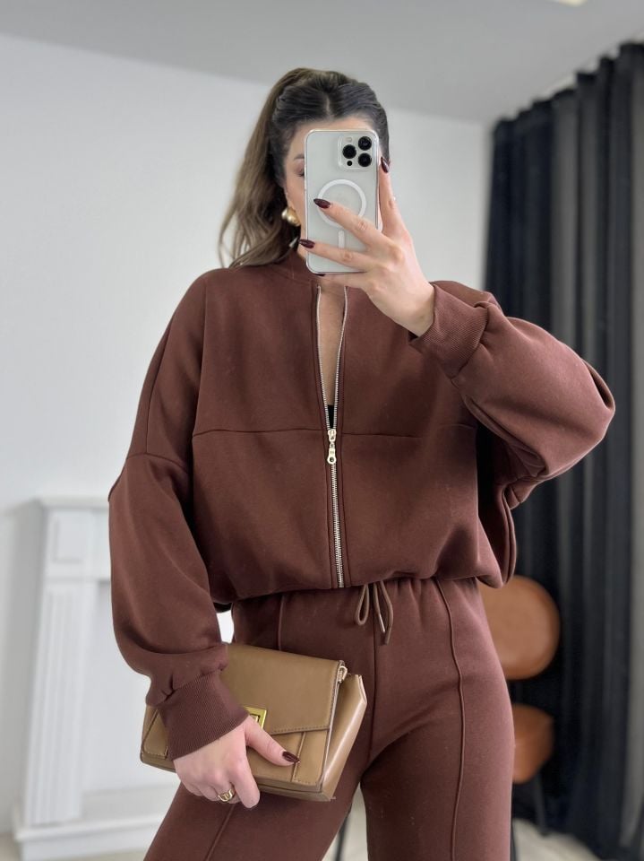 Kahverengi Dikiş Detaylı Pantolon Sweat Takım