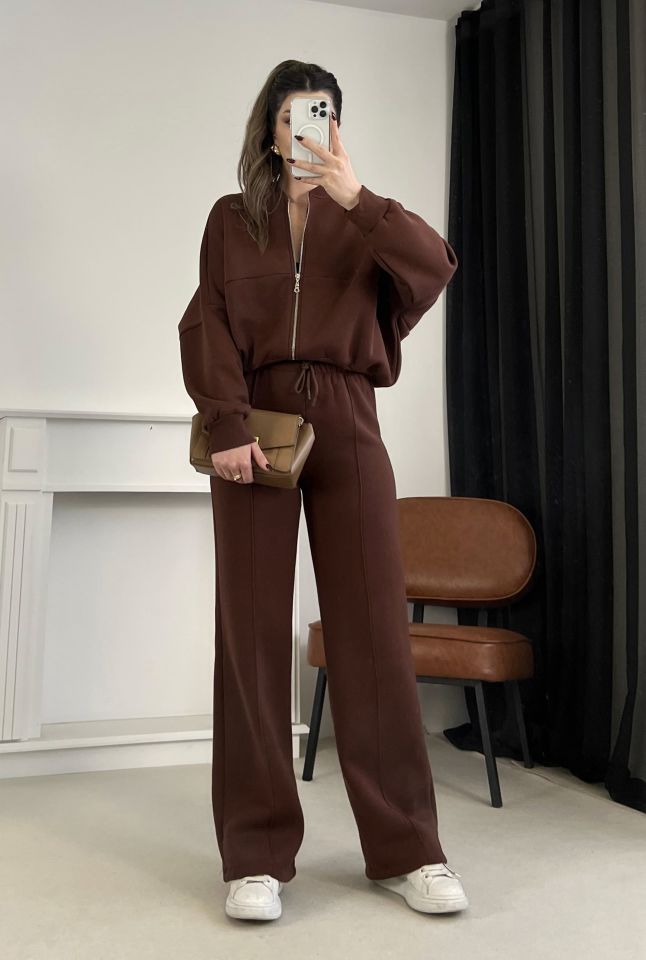 Kahverengi Dikiş Detaylı Pantolon Sweat Takım