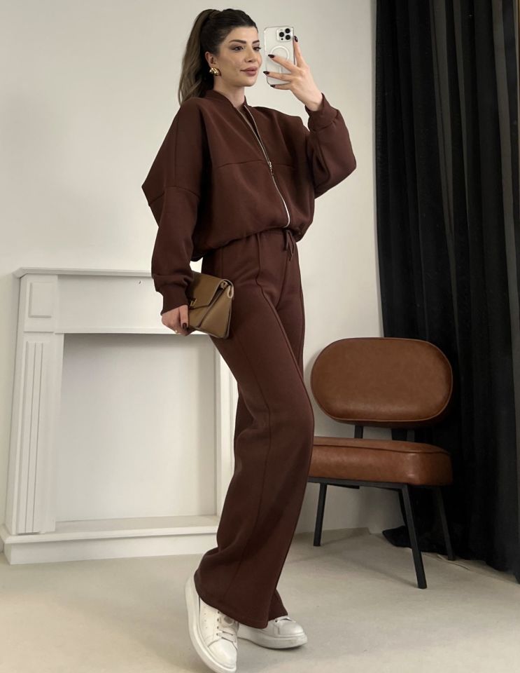 Kahverengi Dikiş Detaylı Pantolon Sweat Takım