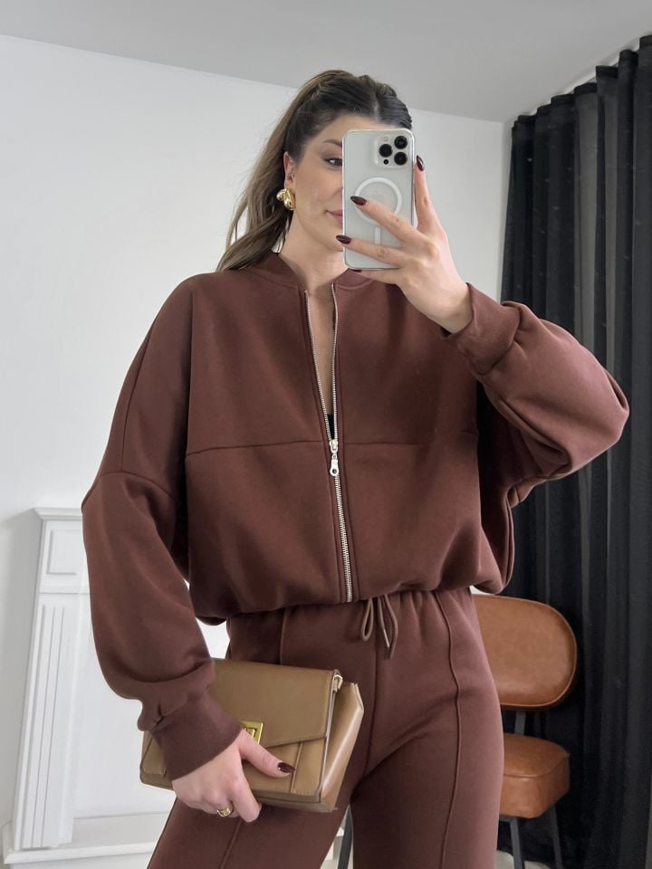 Kahverengi Dikiş Detaylı Pantolon Sweat Takım