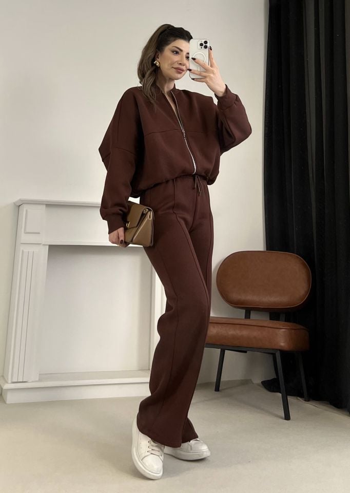 Kahverengi Dikiş Detaylı Pantolon Sweat Takım