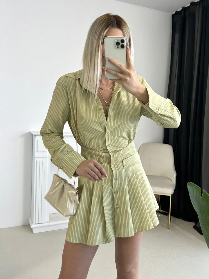 Yeşil Çizgili Poplin Kumaş Gömlek Elbise