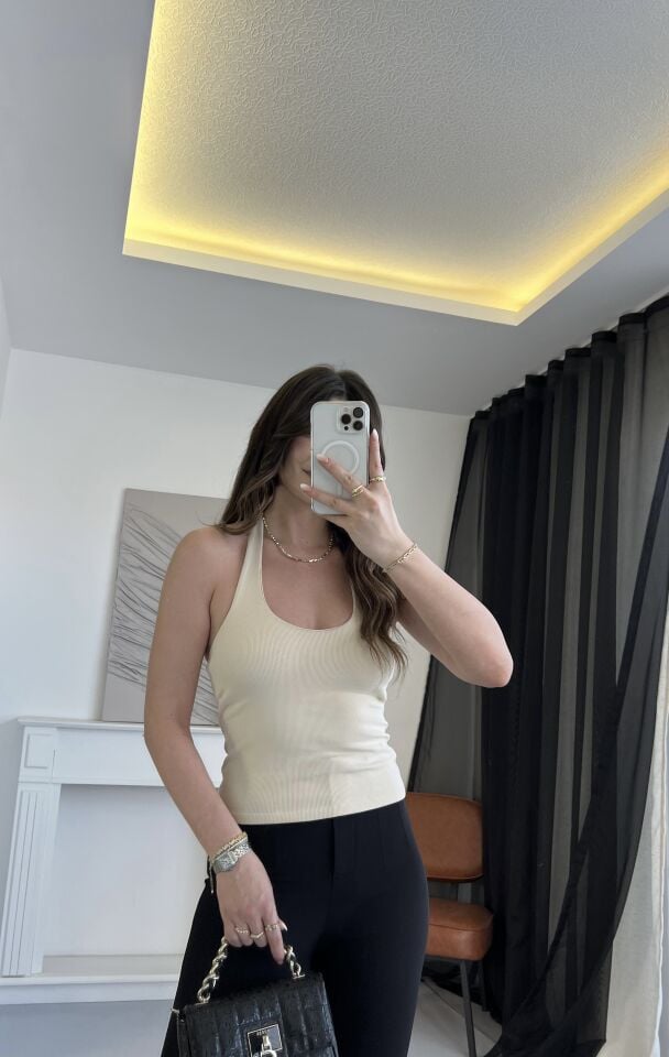 Boyundan Geçmeli Bej Fitilli Bluz