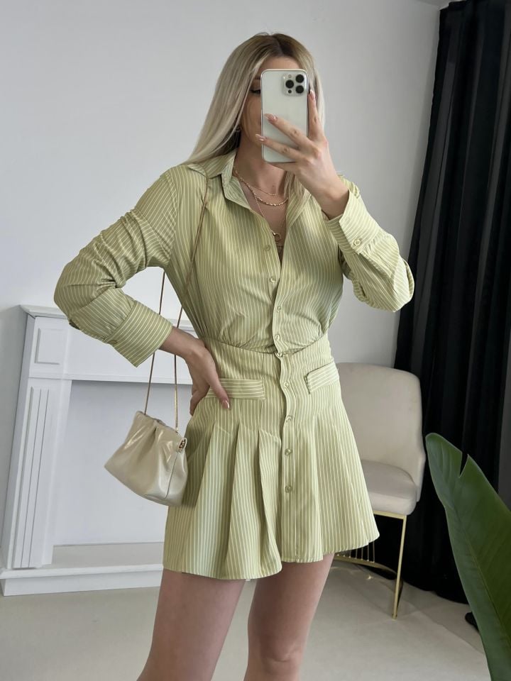 Yeşil Çizgili Poplin Kumaş Gömlek Elbise