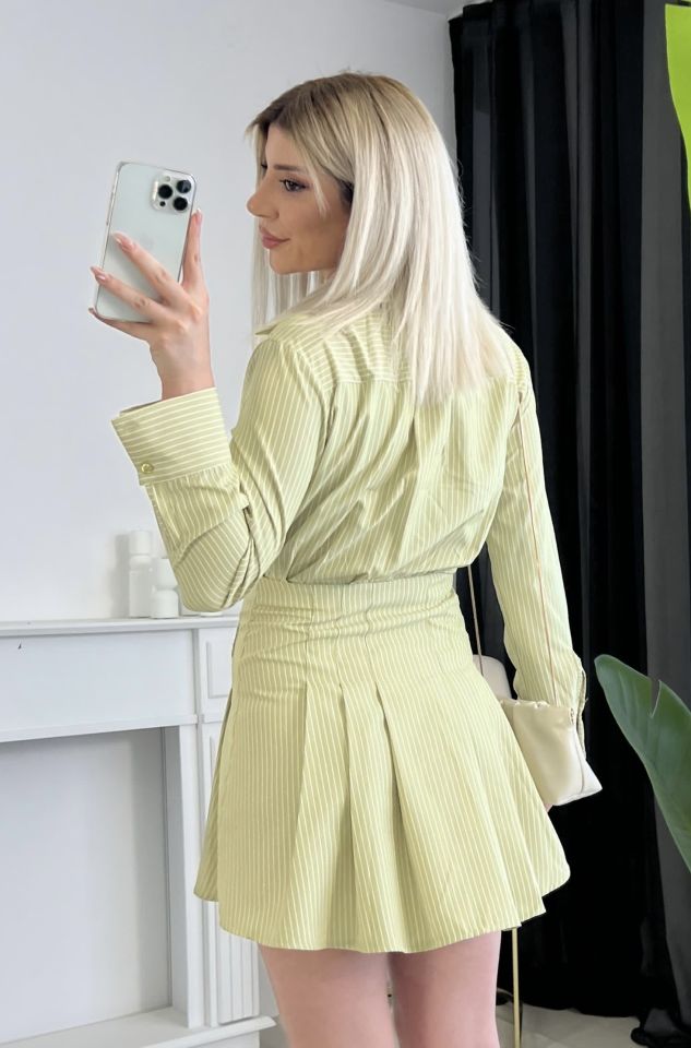 Yeşil Çizgili Poplin Kumaş Gömlek Elbise