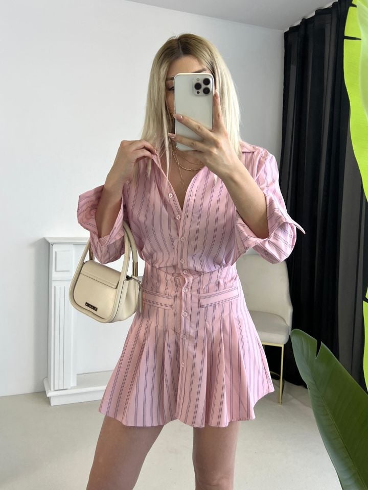 Pembe Çizgili Poplin Kumaş Gömlek Elbise