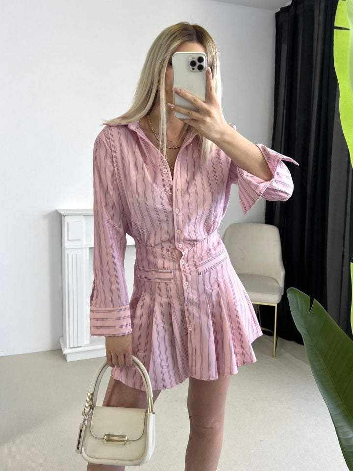 Pembe Çizgili Poplin Kumaş Gömlek Elbise