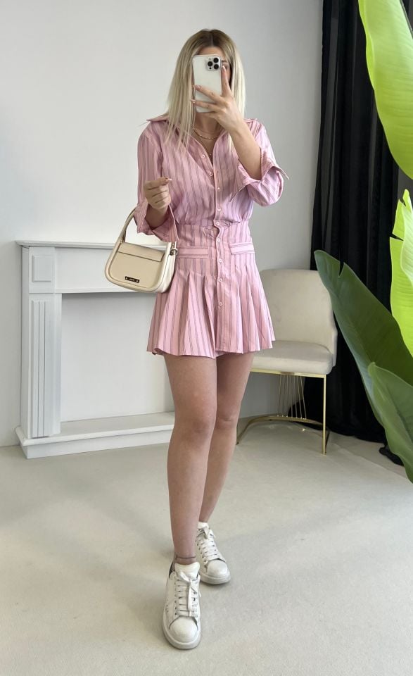 Pembe Çizgili Poplin Kumaş Gömlek Elbise