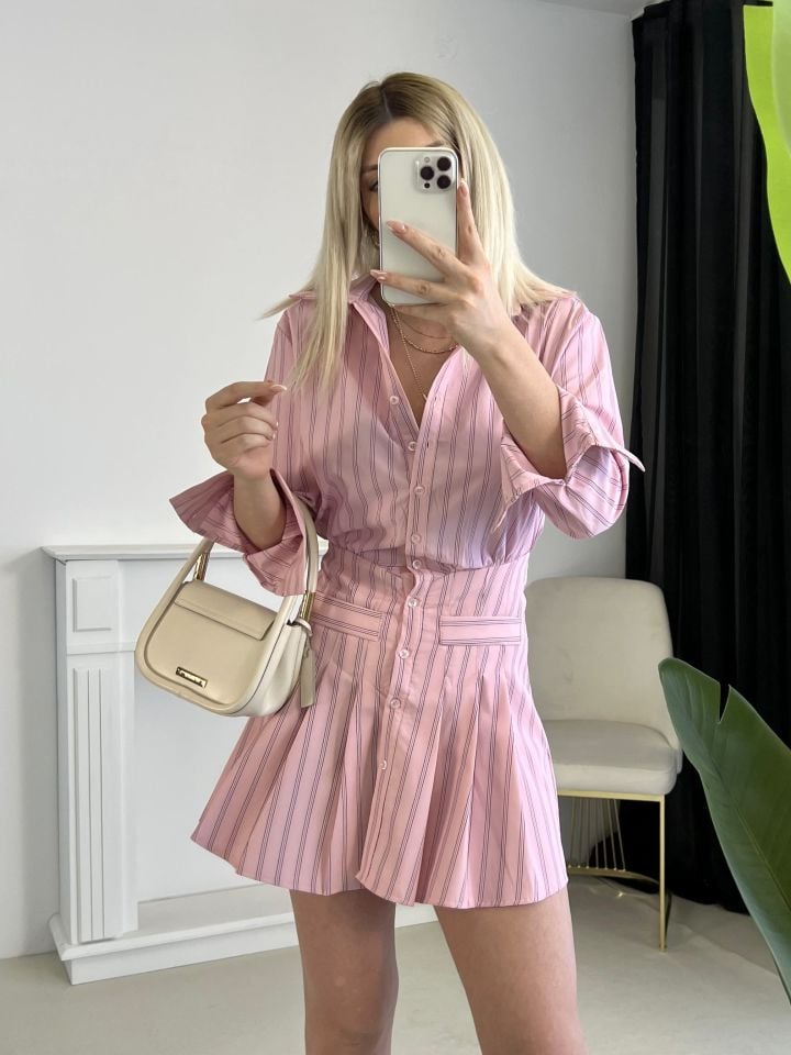 Pembe Çizgili Poplin Kumaş Gömlek Elbise