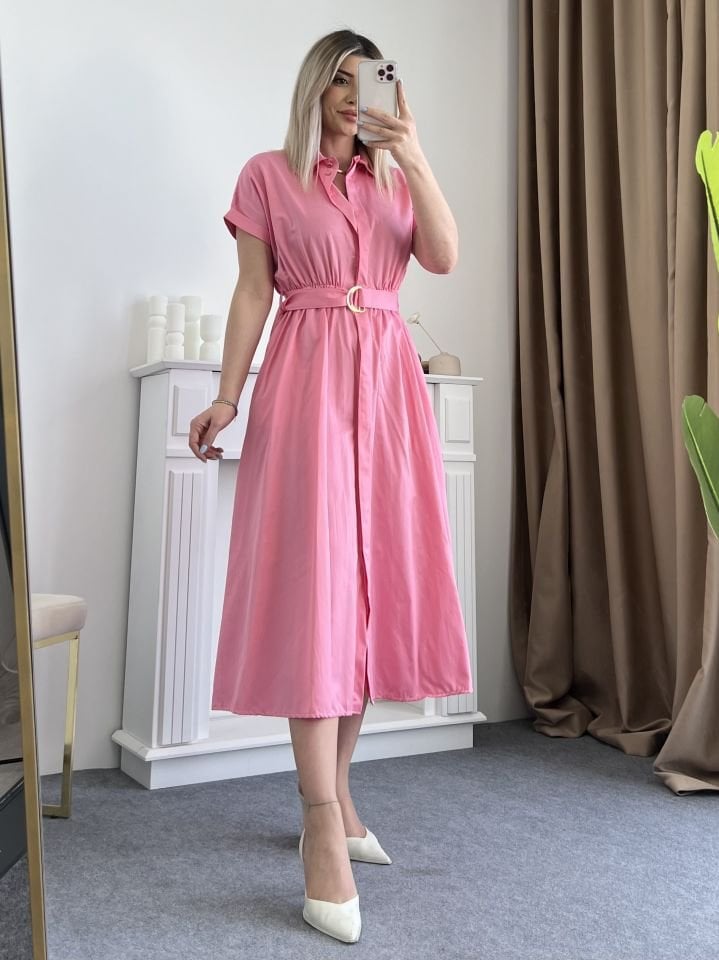 Poplin Kumaş Pembe Kemerli Elbise