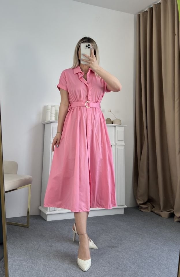 Poplin Kumaş Pembe Kemerli Elbise