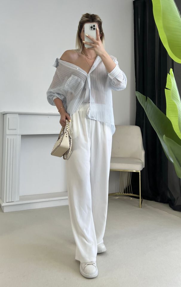 Ekru Beli Lastikli Palazzo Pantolon