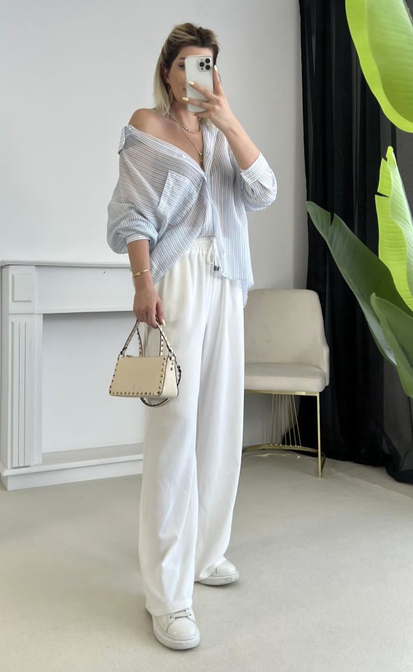 Ekru Beli Lastikli Palazzo Pantolon