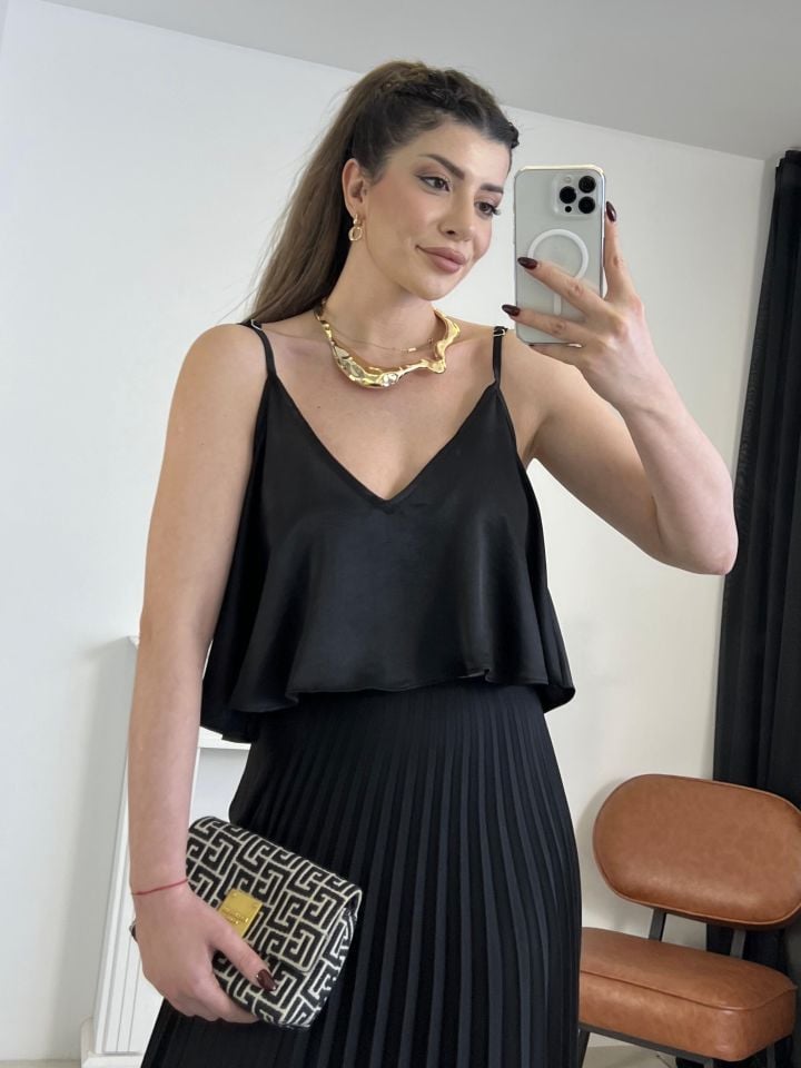 Siyah Askılı Saten Bluz S