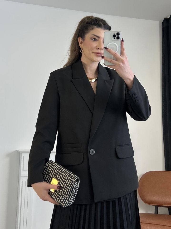Siyah Tek Düğme Blazer Ceket