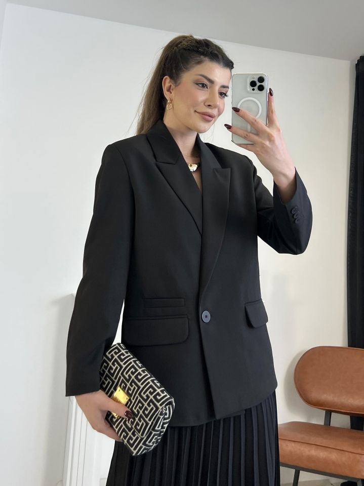 Siyah Tek Düğme Blazer Ceket