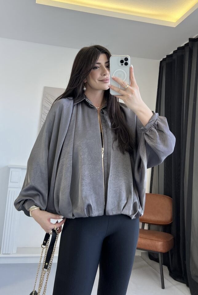 Saten Gri Dökümlü Bomber Ceket