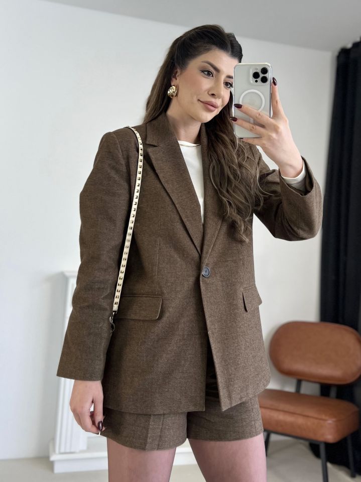 Kahve Tek Düğme Blazer Ceket