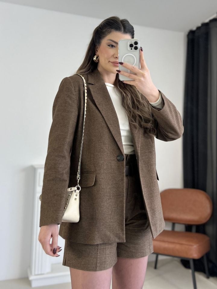 Kahve Tek Düğme Blazer Ceket