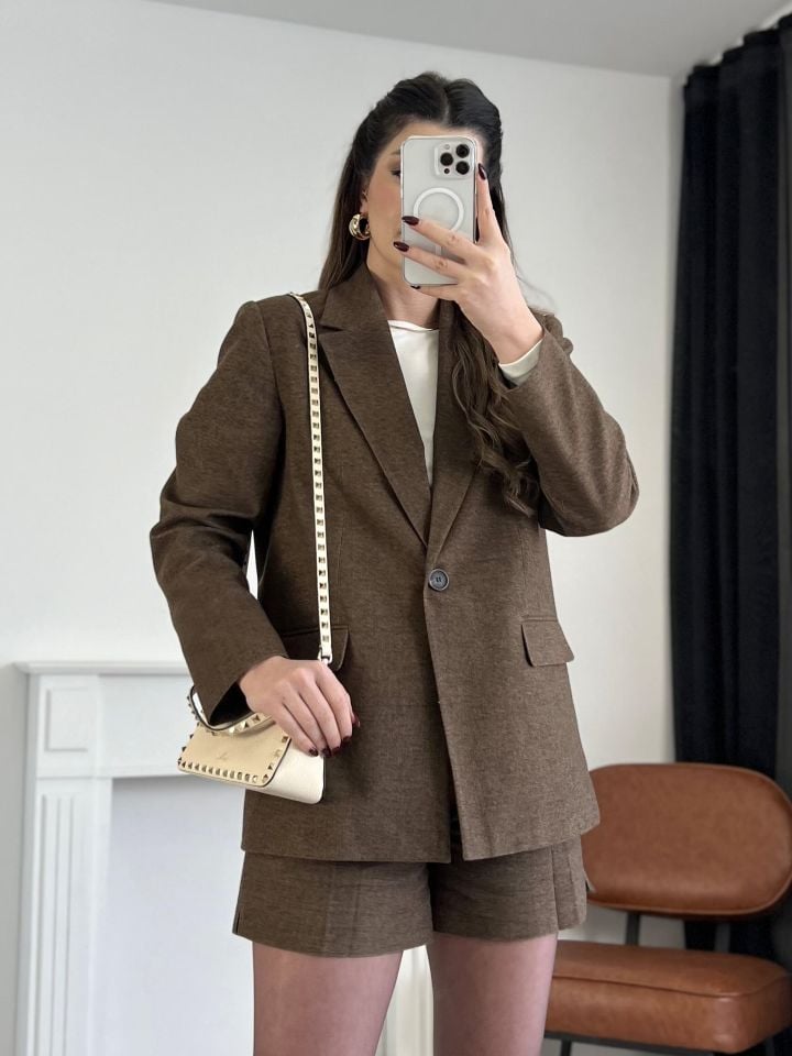 Kahve Tek Düğme Blazer Ceket