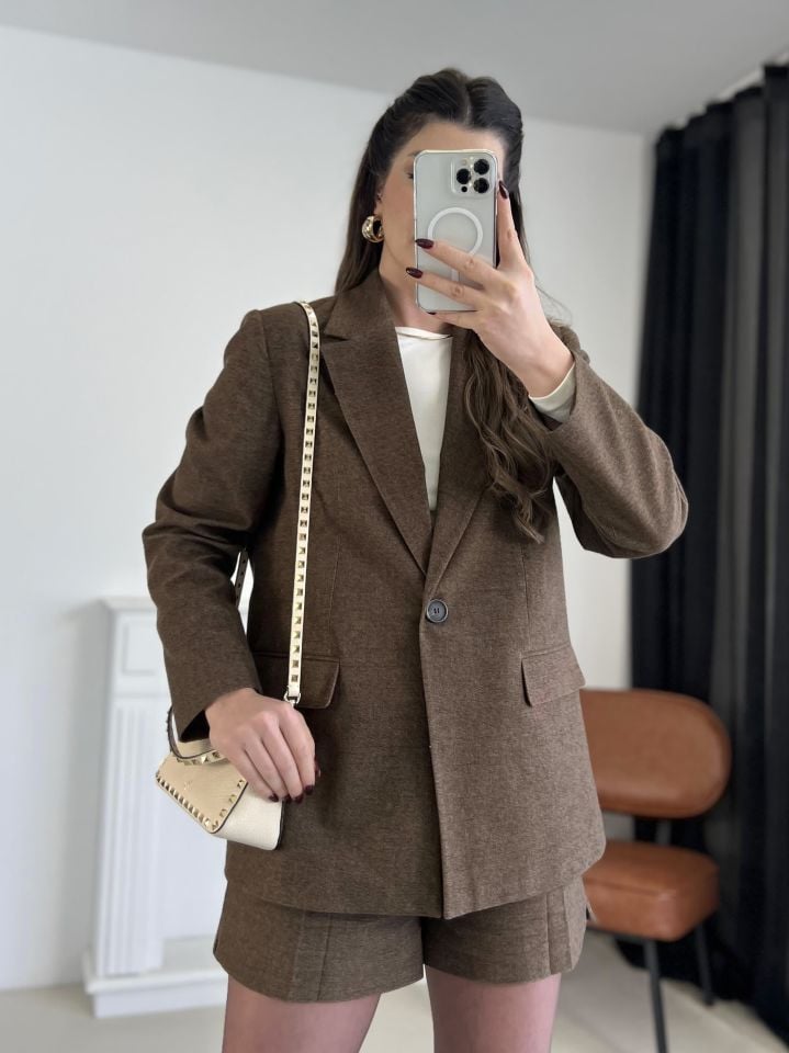 Kahve Tek Düğme Blazer Ceket