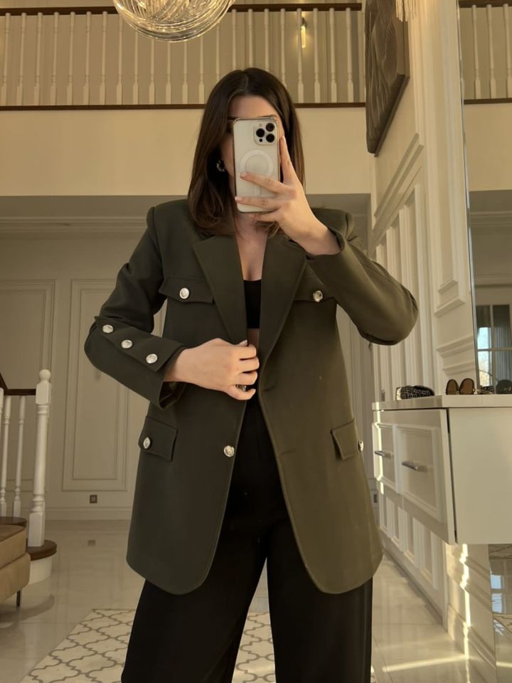 Haki Düğme Detay Blazer Ceket