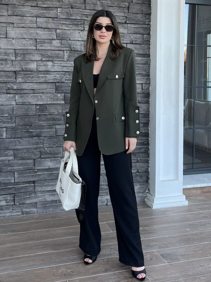 Haki Düğme Detay Blazer Ceket