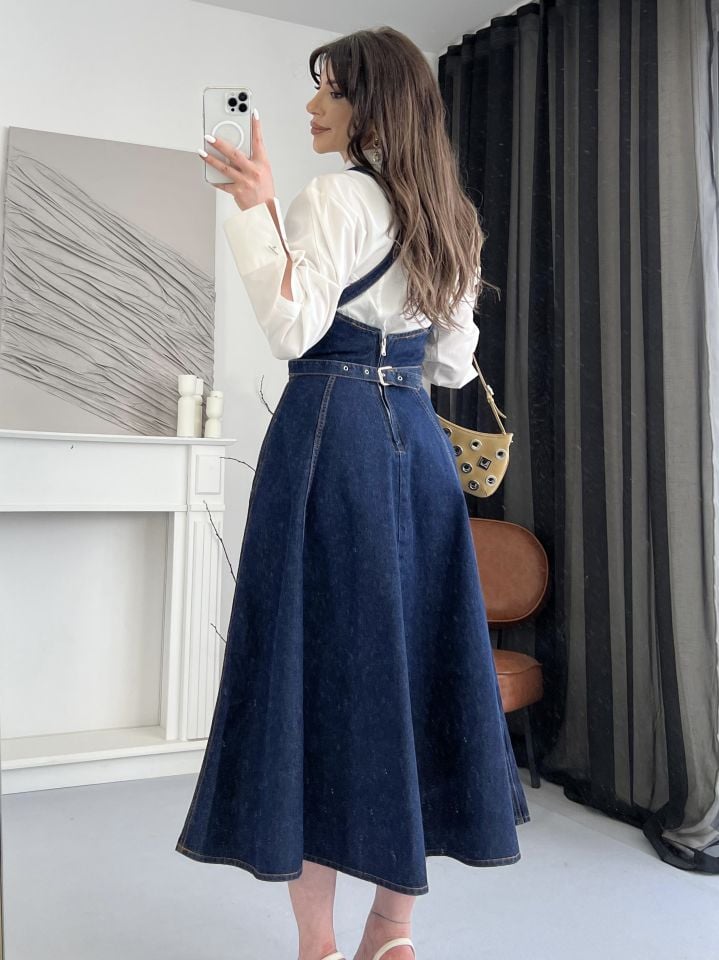 Askılı Denim Kemerli Midi Elbise S