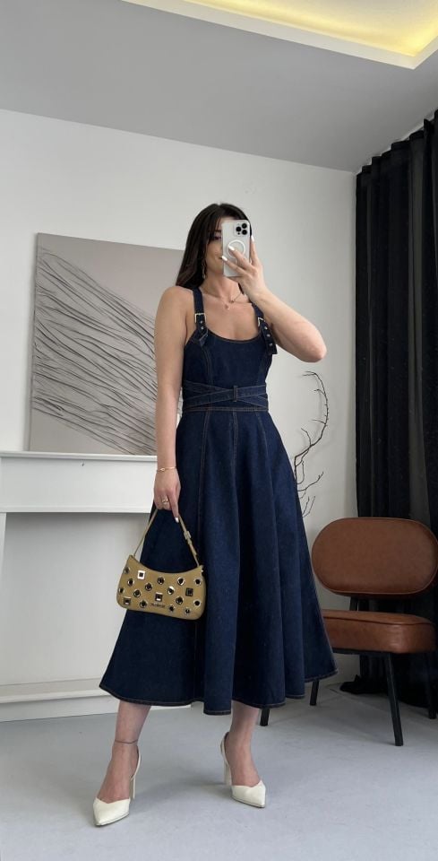 Askılı Denim Kemerli Midi Elbise S