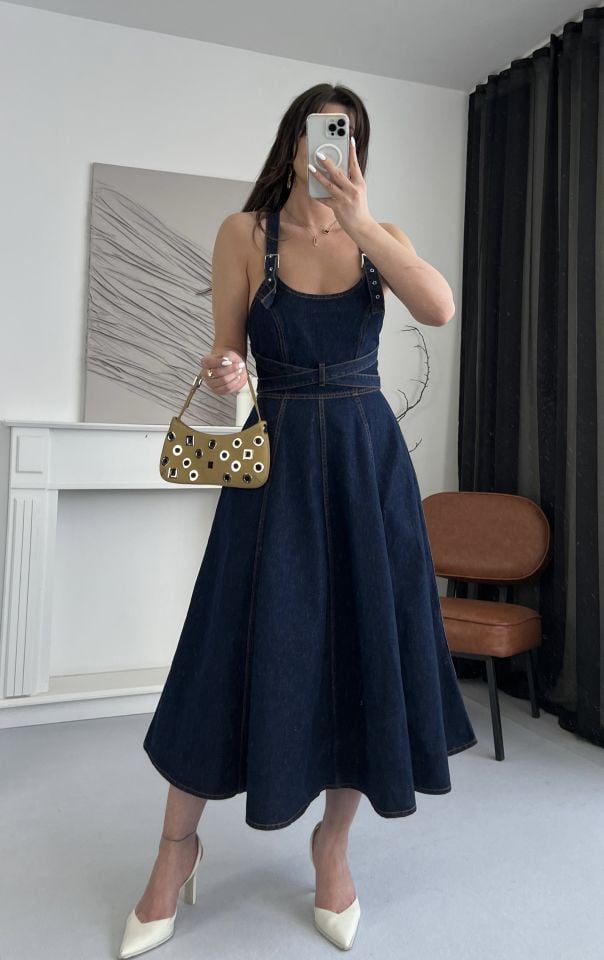 Askılı Denim Kemerli Midi Elbise S