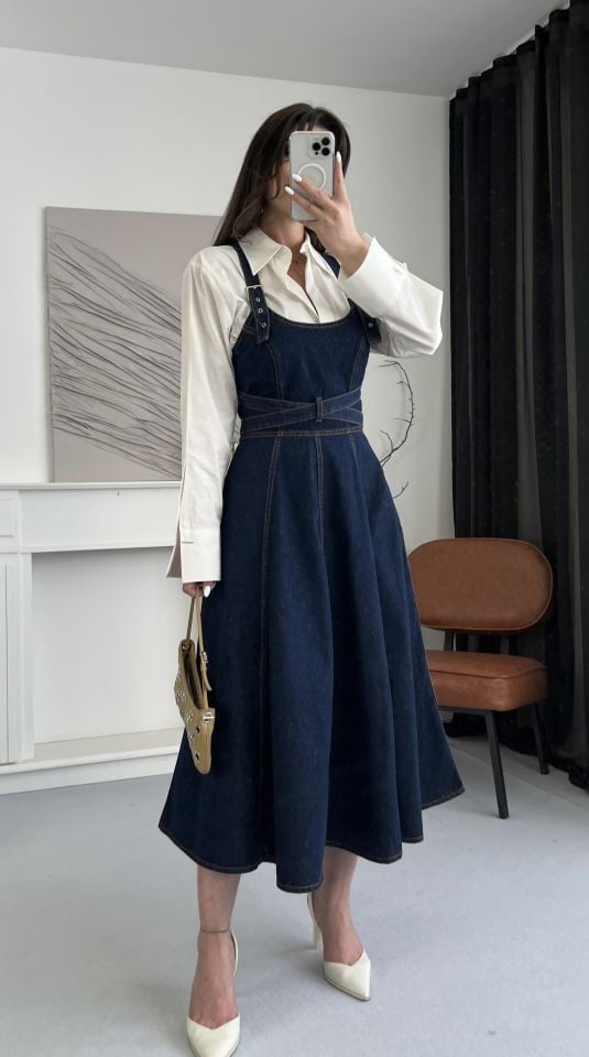 Askılı Denim Kemerli Midi Elbise S