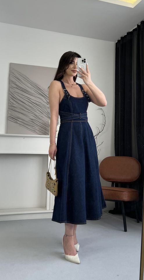 Askılı Denim Kemerli Midi Elbise S