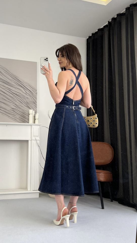 Askılı Denim Kemerli Midi Elbise S
