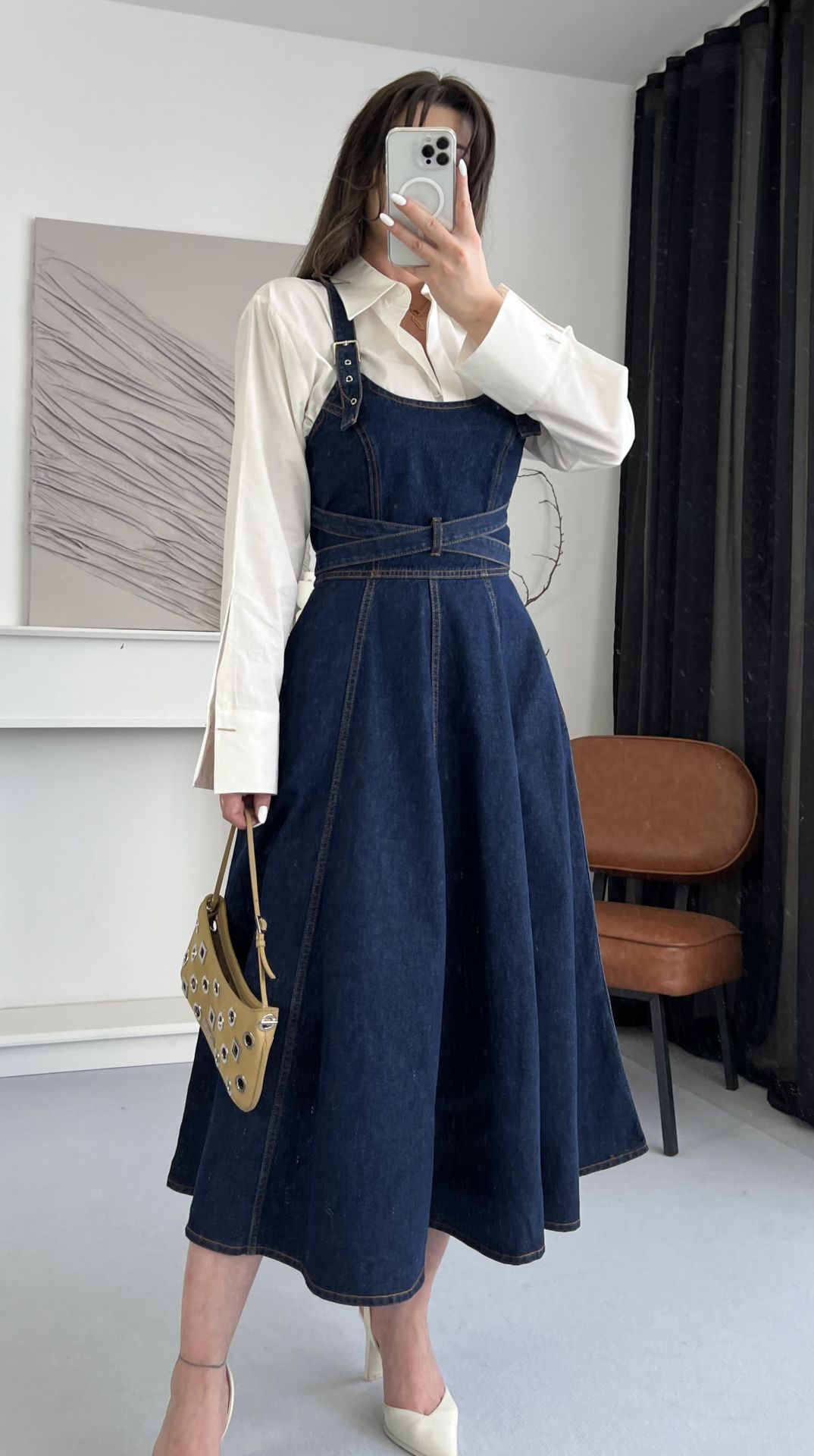 Askılı Denim Kemerli Midi Elbise S