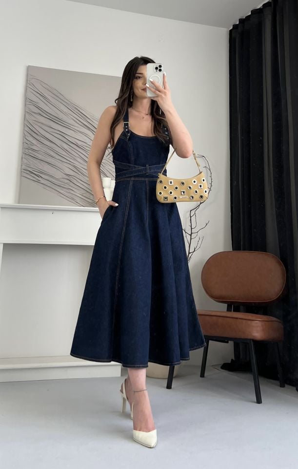 Askılı Denim Kemerli Midi Elbise S