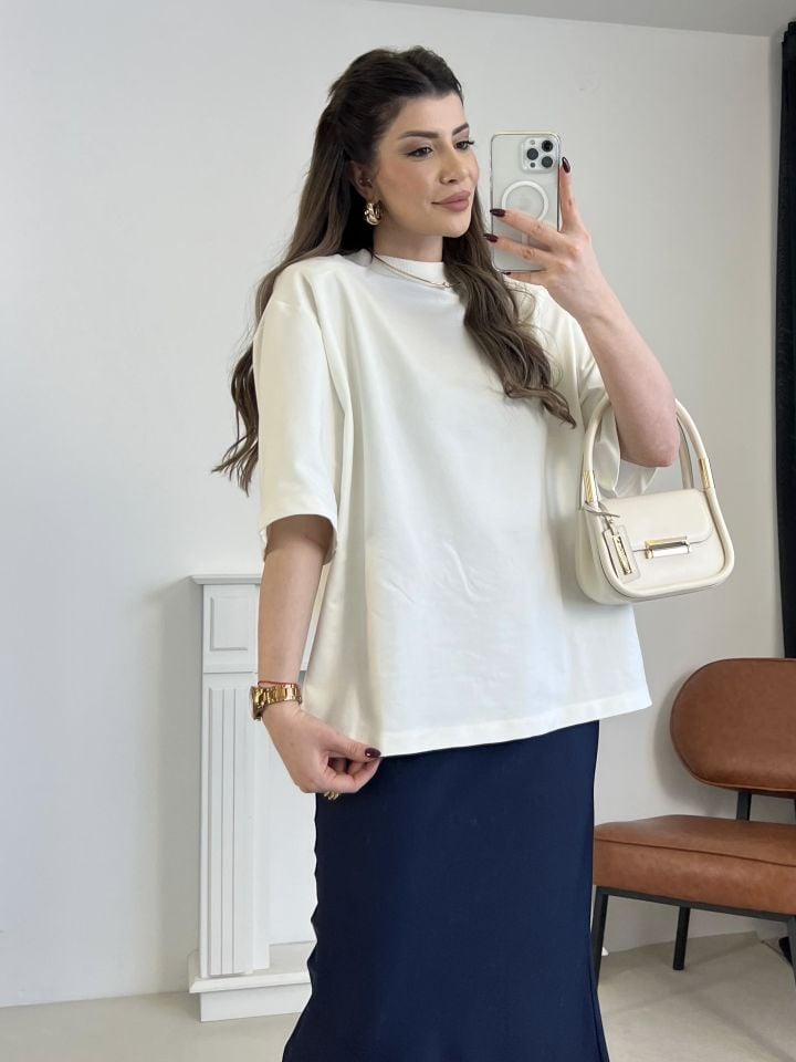 Ekru Vatkalı Oversize Tişört