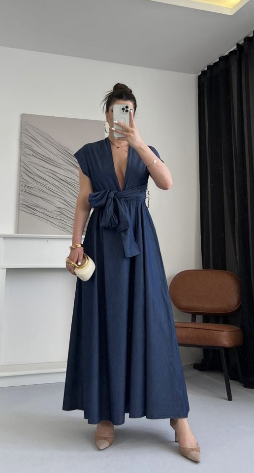 Mavi Bağlama Detaylı  Denim Elbise