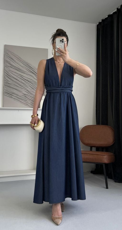 Mavi Bağlama Detaylı  Denim Elbise
