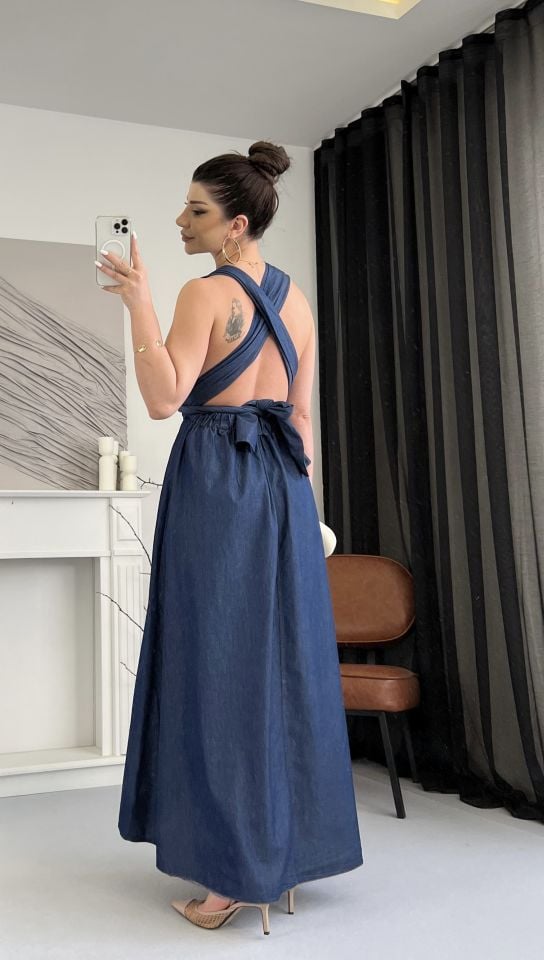 Mavi Bağlama Detaylı  Denim Elbise